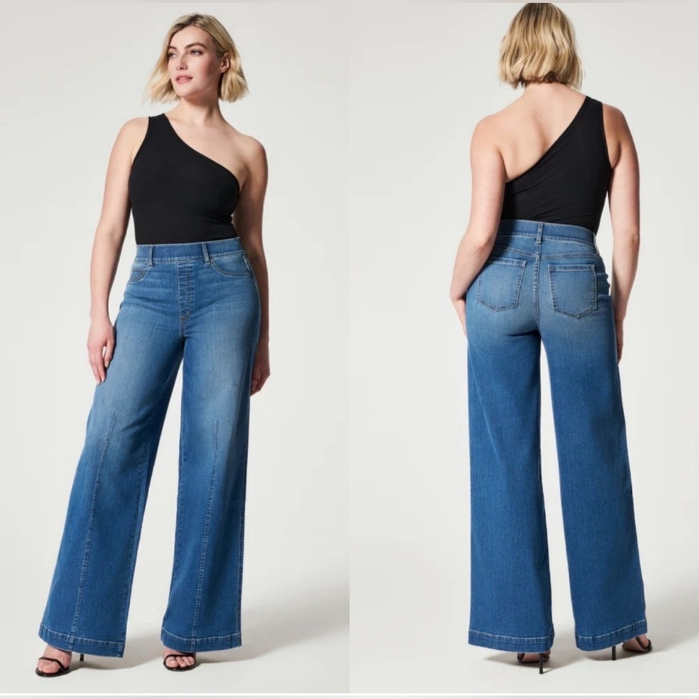 SPANX Seamed Front Wide-Leg Pull On Jeans Petite Medium in Vintage Indigo NWT